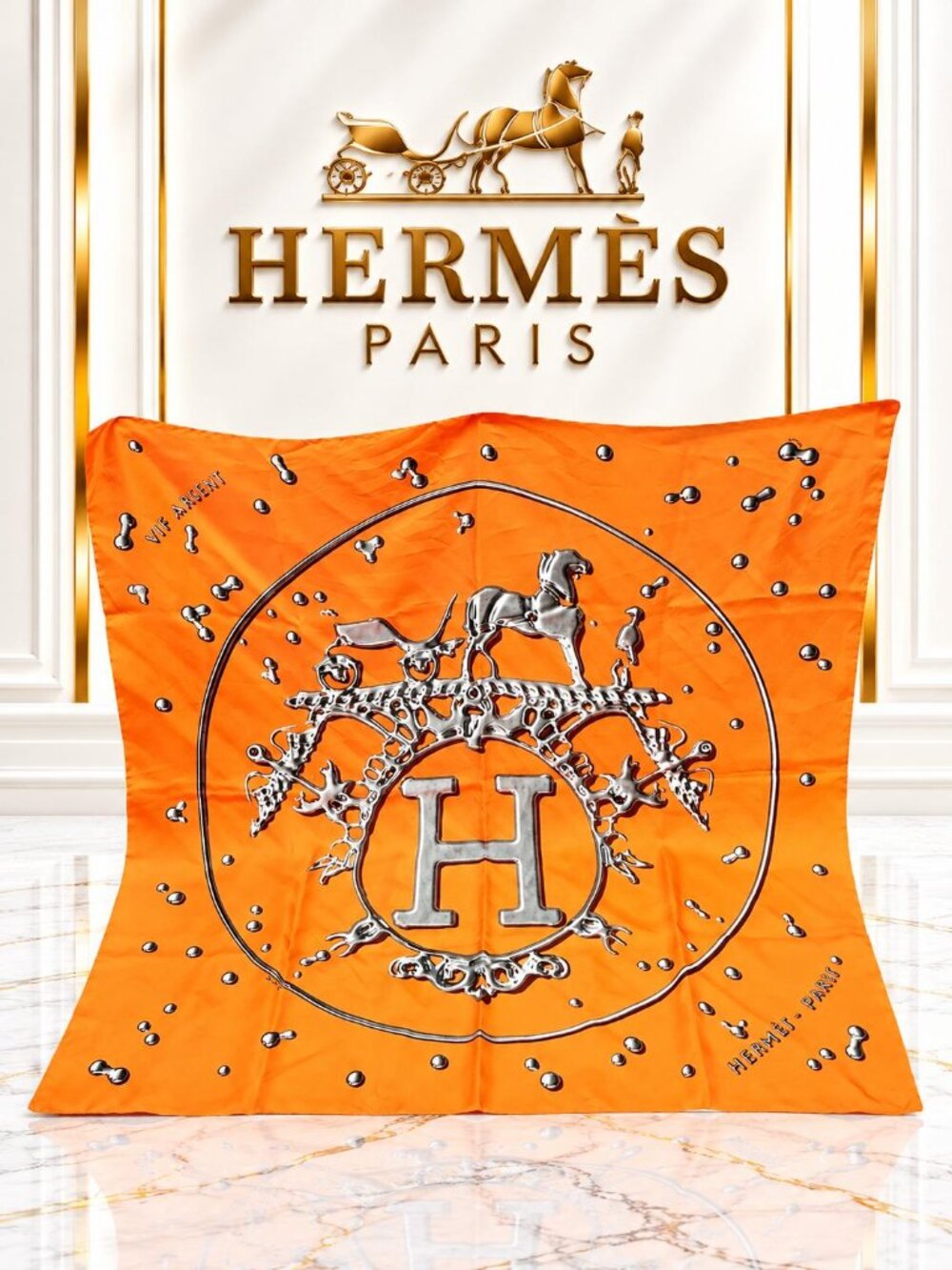 Authentic Hermès Paris Orange Silk Scarf Carré H Logo Horse Equestrian Luxury